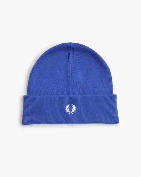 Berretto blu royal in misto lana e cotone con risvolto e corona d'alloro ricamata