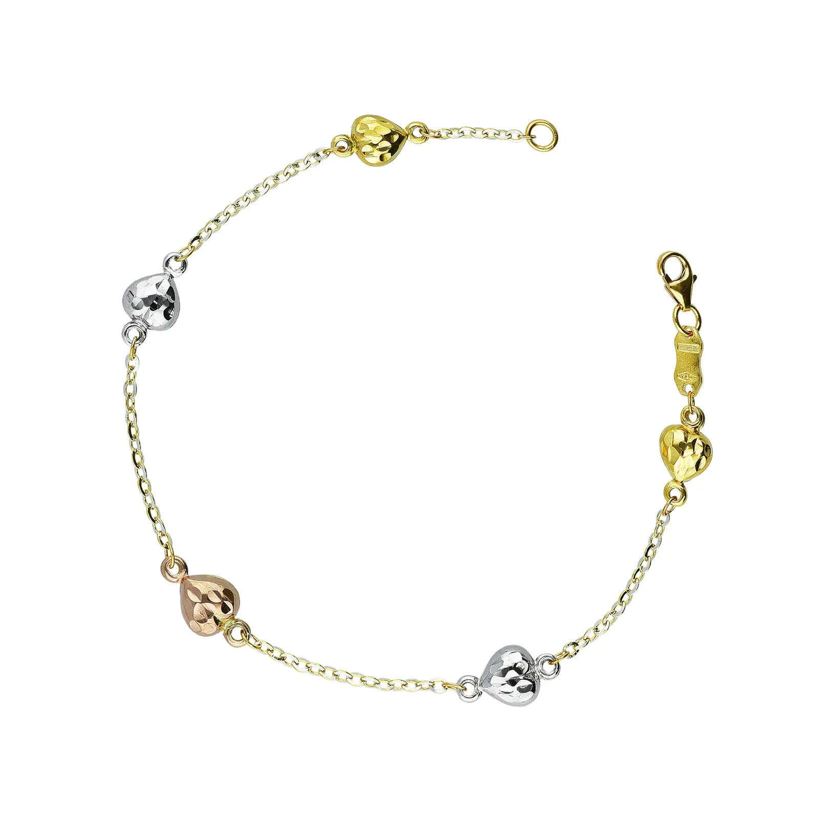 Bracciale in oro bianco, giallo e rosa 18k con Cuori